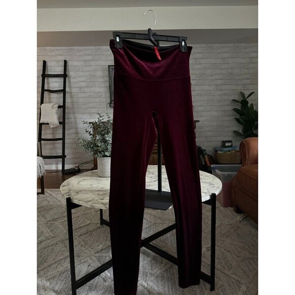 Spanx Velvet Velour Burgundy High Waisted Leggings Womens Size L - Picture 2 of 6